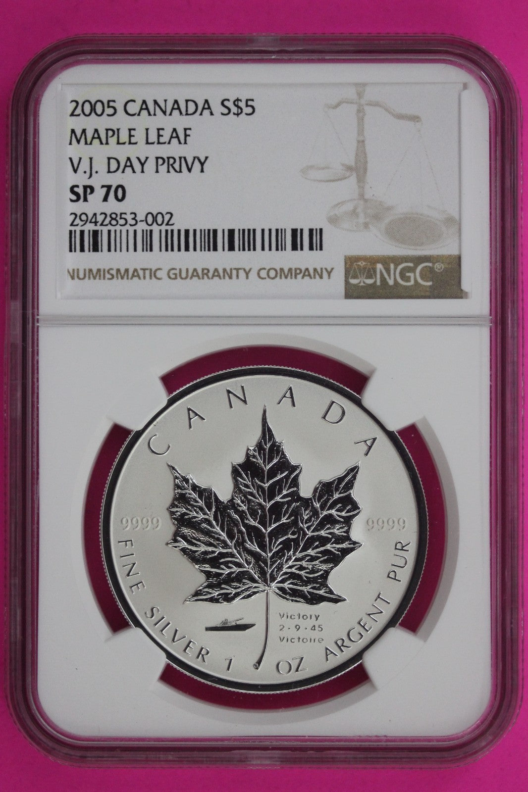 Top Pop 2005 SP 70 Canada V.J. Day Privy Maple Leaf $5 NGC Certified Slab 1304
