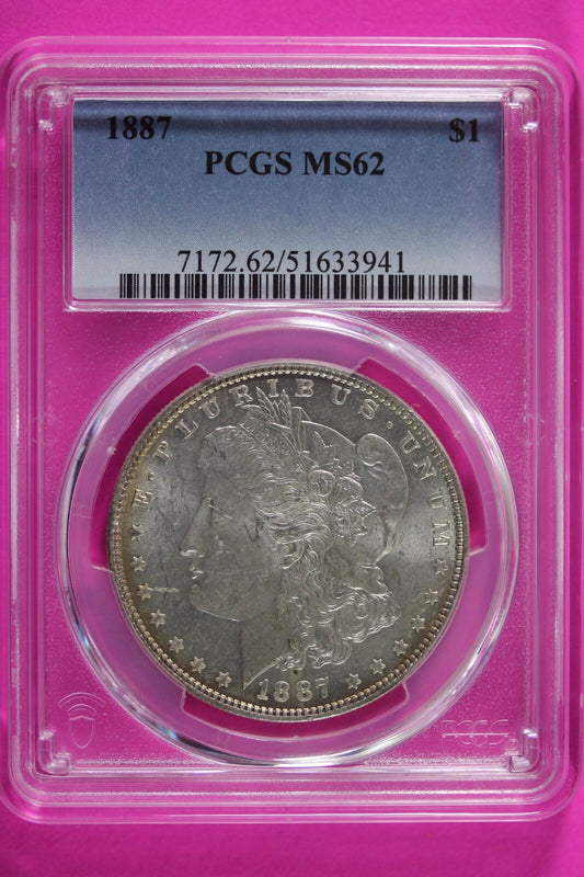 Toned 1887 P MS 62 Liberty Morgan Silver Dollar PCGS Certified Graded Slab 1077