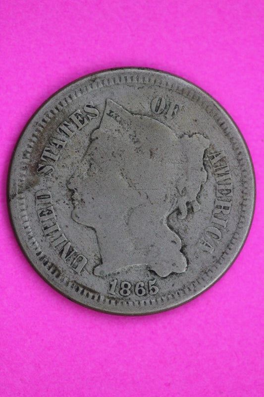 1865 Three 3 Cent Nickel Guaranteed Authentic & Genuine Fast Free Shipping 1311