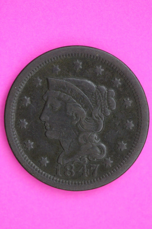 1847 Large Cent Braided Hair Liberty Coin Guaranteed Authentic & Genuine 0719N