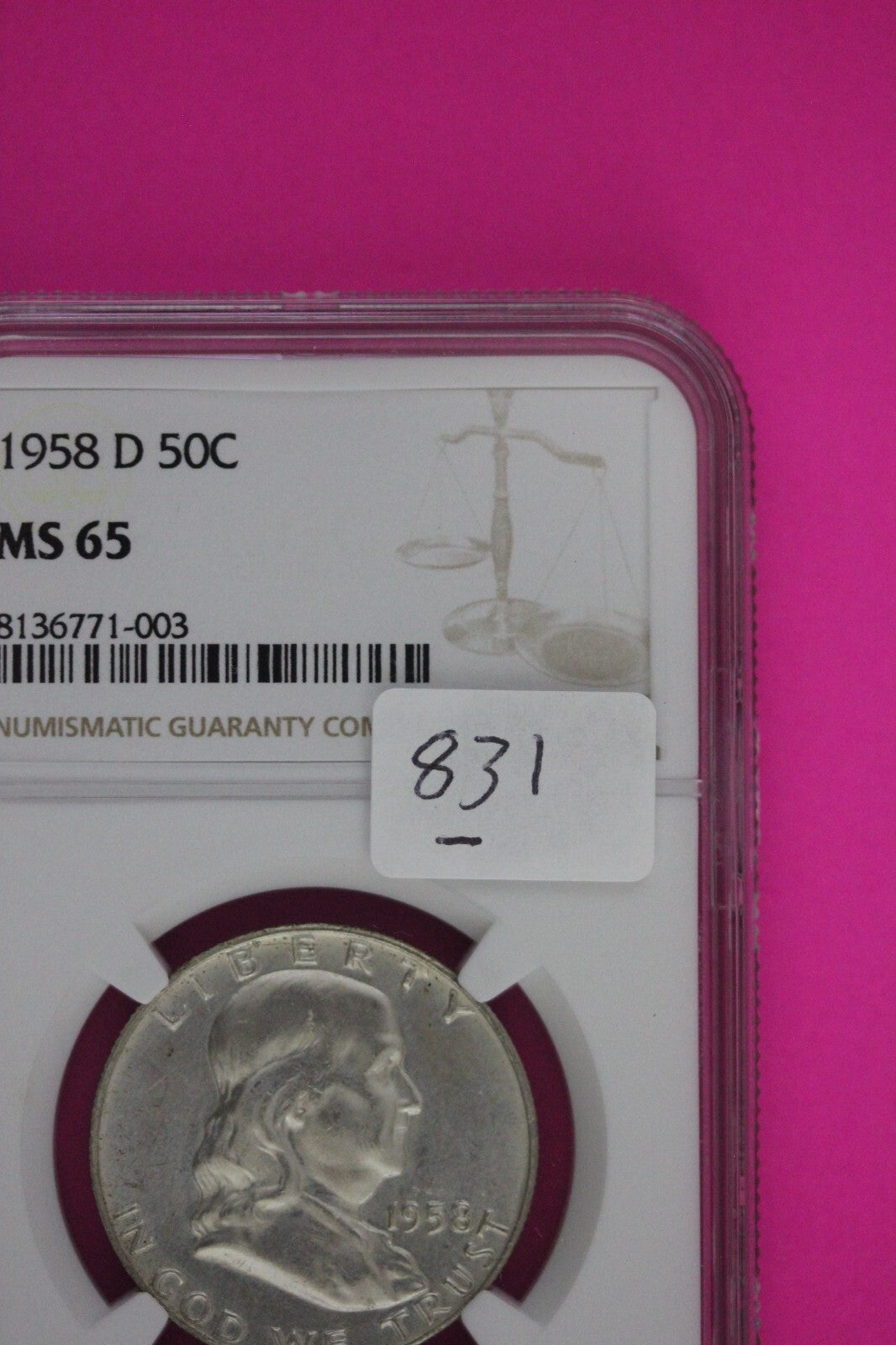 1958 D MS 65  Ben Franklin Half Dollar Silver Coin NGC Graded Certified Slab 831
