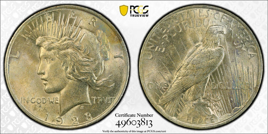 Toned 1923 P MS 63 Peace Silver Dollar PCGS Graded Certified Authentic Slab 52