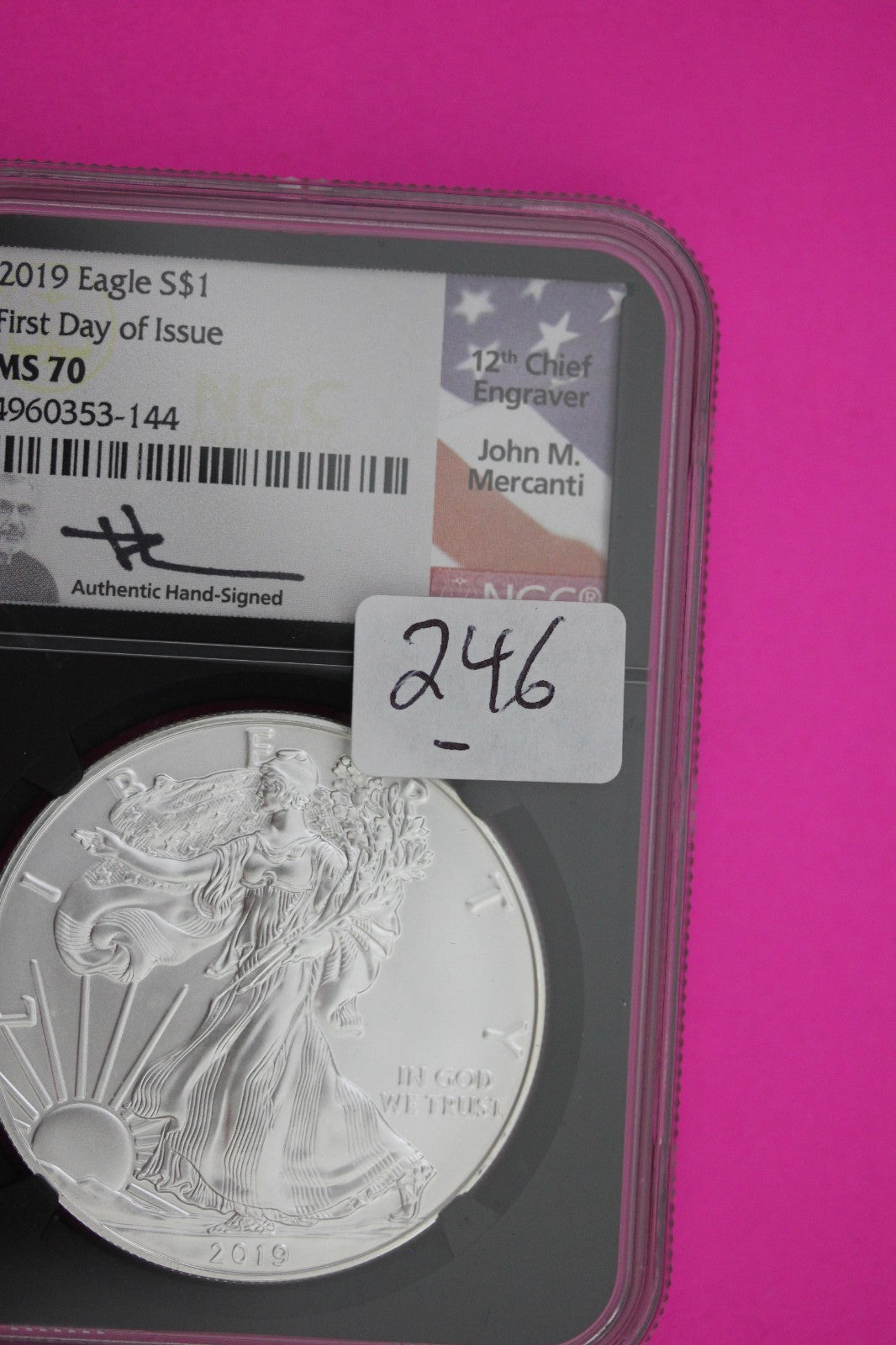 2019 MS 70 Silver Eagle Mercanti Signature 1 OZ .999 1rst Day NGC Certified 246