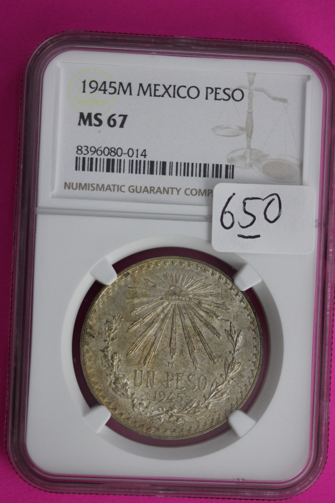 1945 M MS 67 Mexico Peso Silver Coin NGC Certified Authentic Graded Slab 650