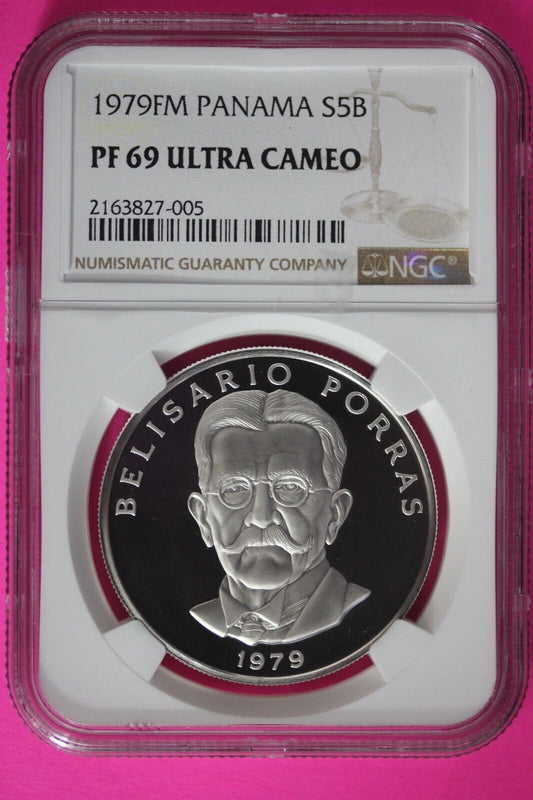 1979 Panama PF 69 Proof Ultra Cameo Silver 5 Balboas NGC Certified Slab 1014