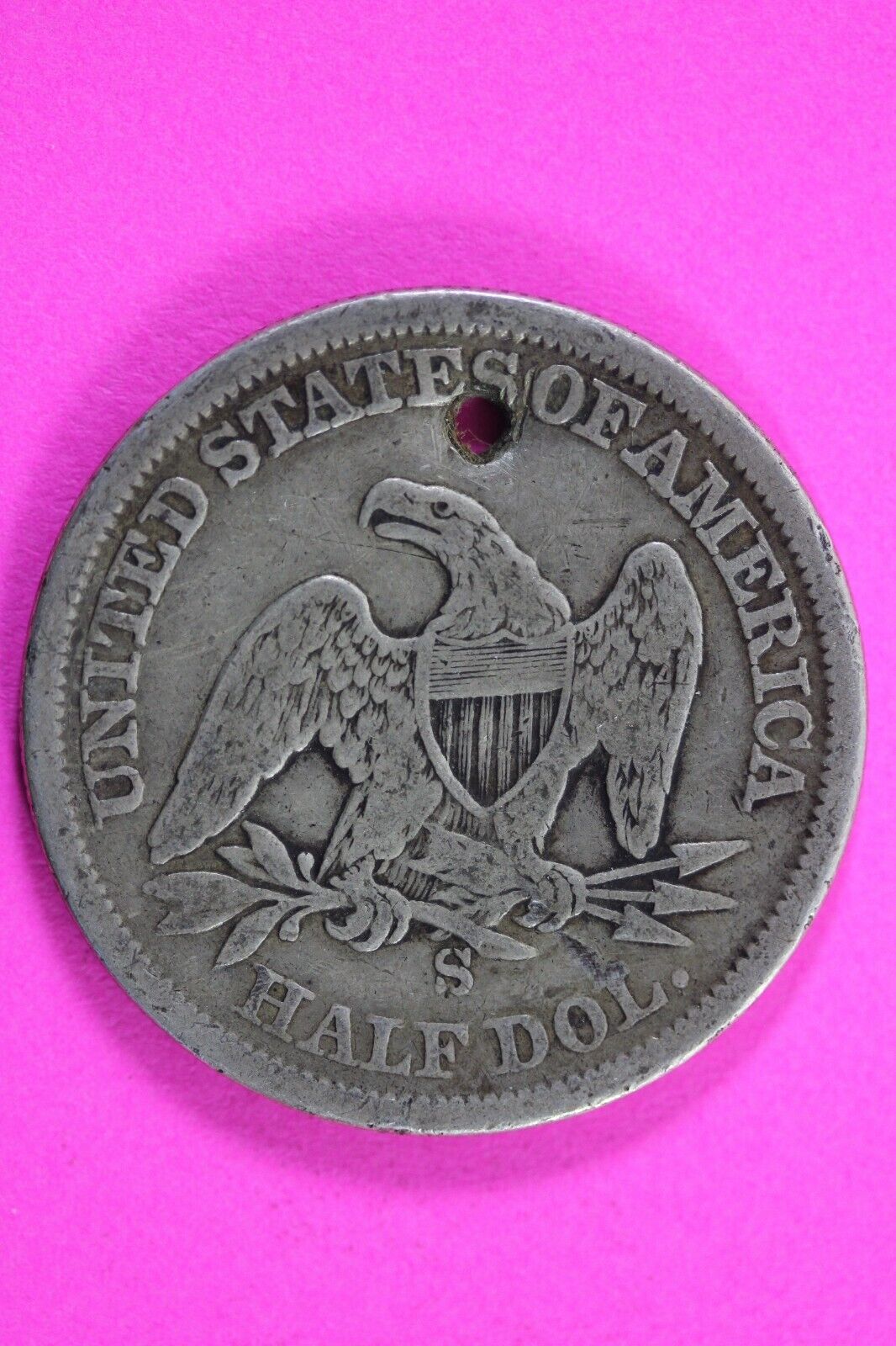 1860 S Seated Liberty Half Dollar Silver Holed Key Date Exact Coin In Pics 03