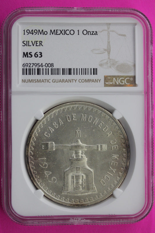1949 MS 63 Mexico 1 Onza  Silver Coin NGC Certified Graded Authentic Slab 163