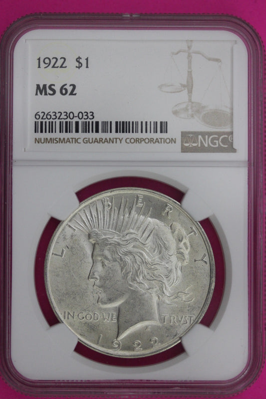 1922 P MS 62 Liberty Peace Silver Dollar NGC Certified Graded Authentic 1202