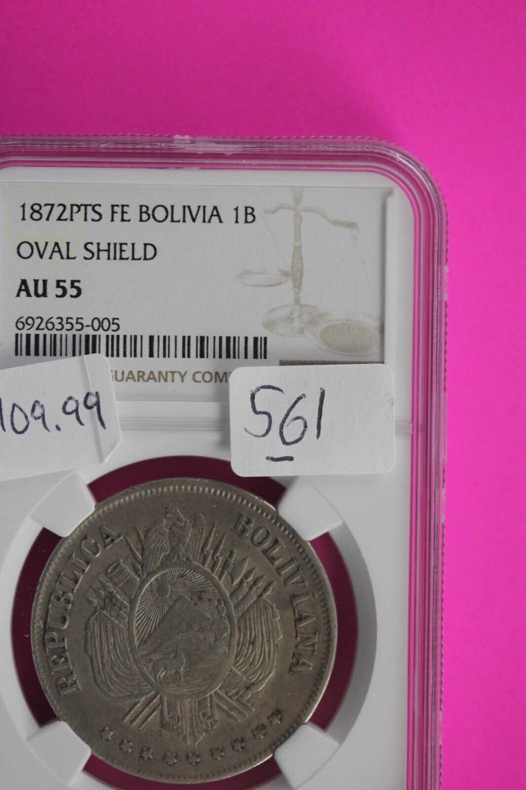 1872 AU 55 Bolivia Oval Shield Boliviano Silver Coin NGC Certified Authentic 561