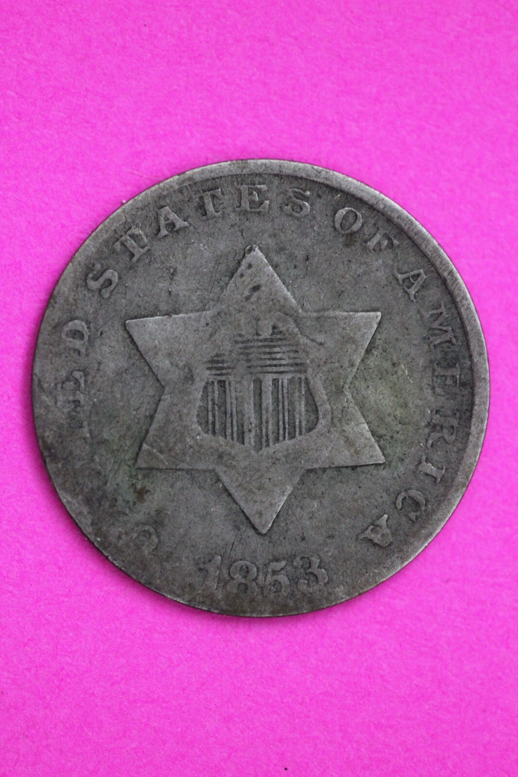 1853 Trime 3 Three Cent Silver Dime Guaranteed & Authentic Coin Semi Key 1212