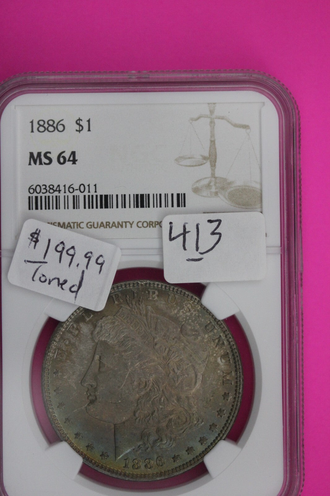 Toned 1886 P MS 64 Liberty Morgan Silver Dollar NGC Certified Graded Slab 413