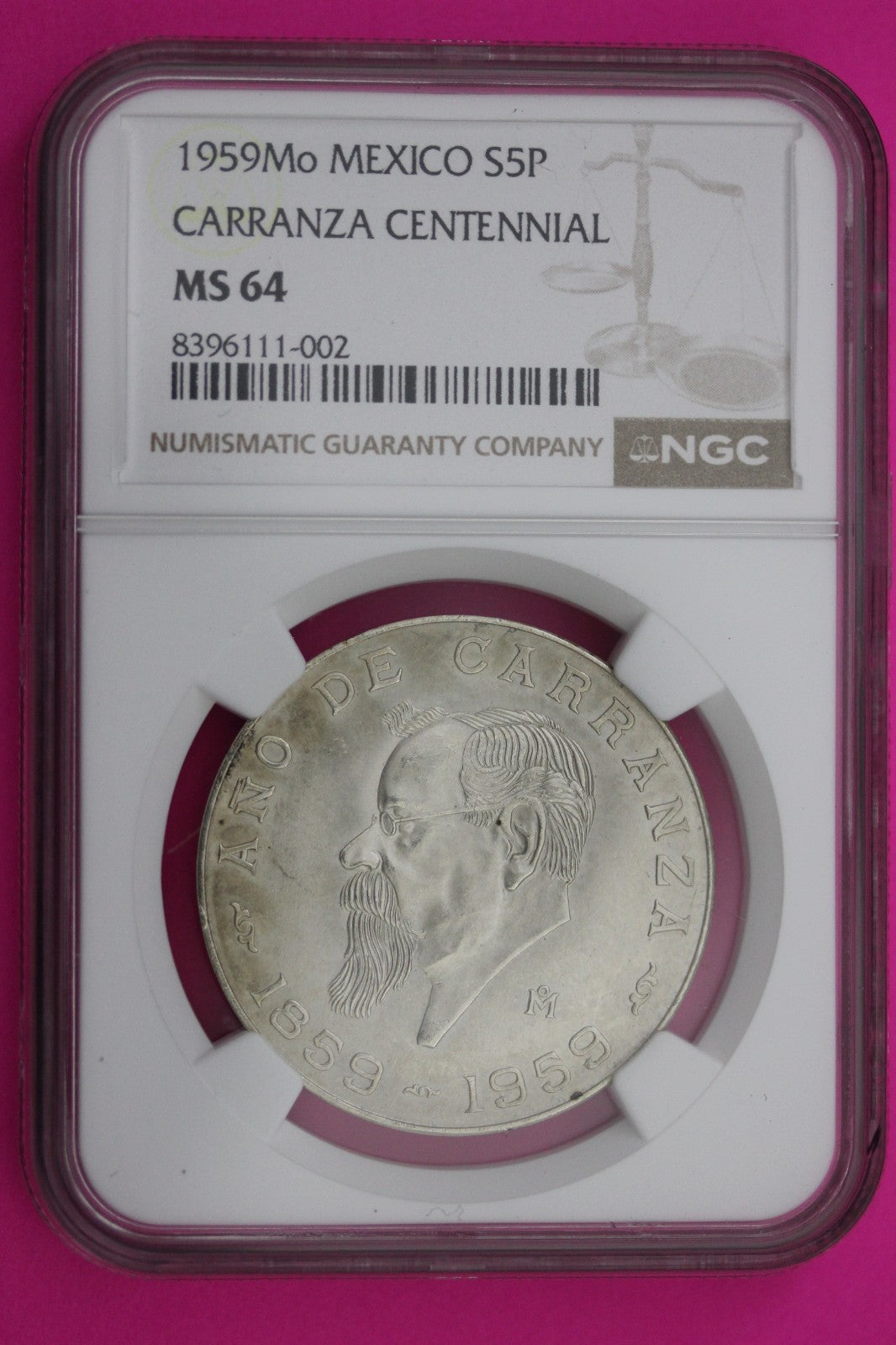 1959 MS 64 Mexico 5 Pesos Silver Coin NGC Authentic Graded Authentic Slab 569