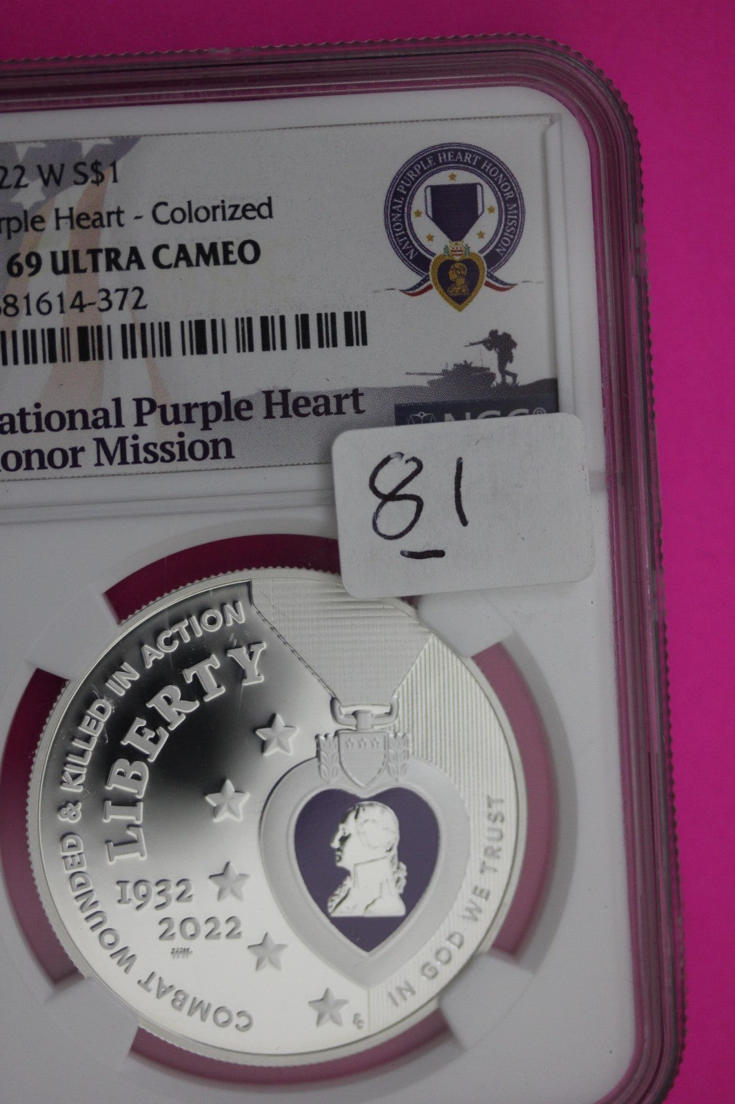 2022 W PF 69 Colorized Purple Heart Commemorative Silver Dollar NGC Graded 81