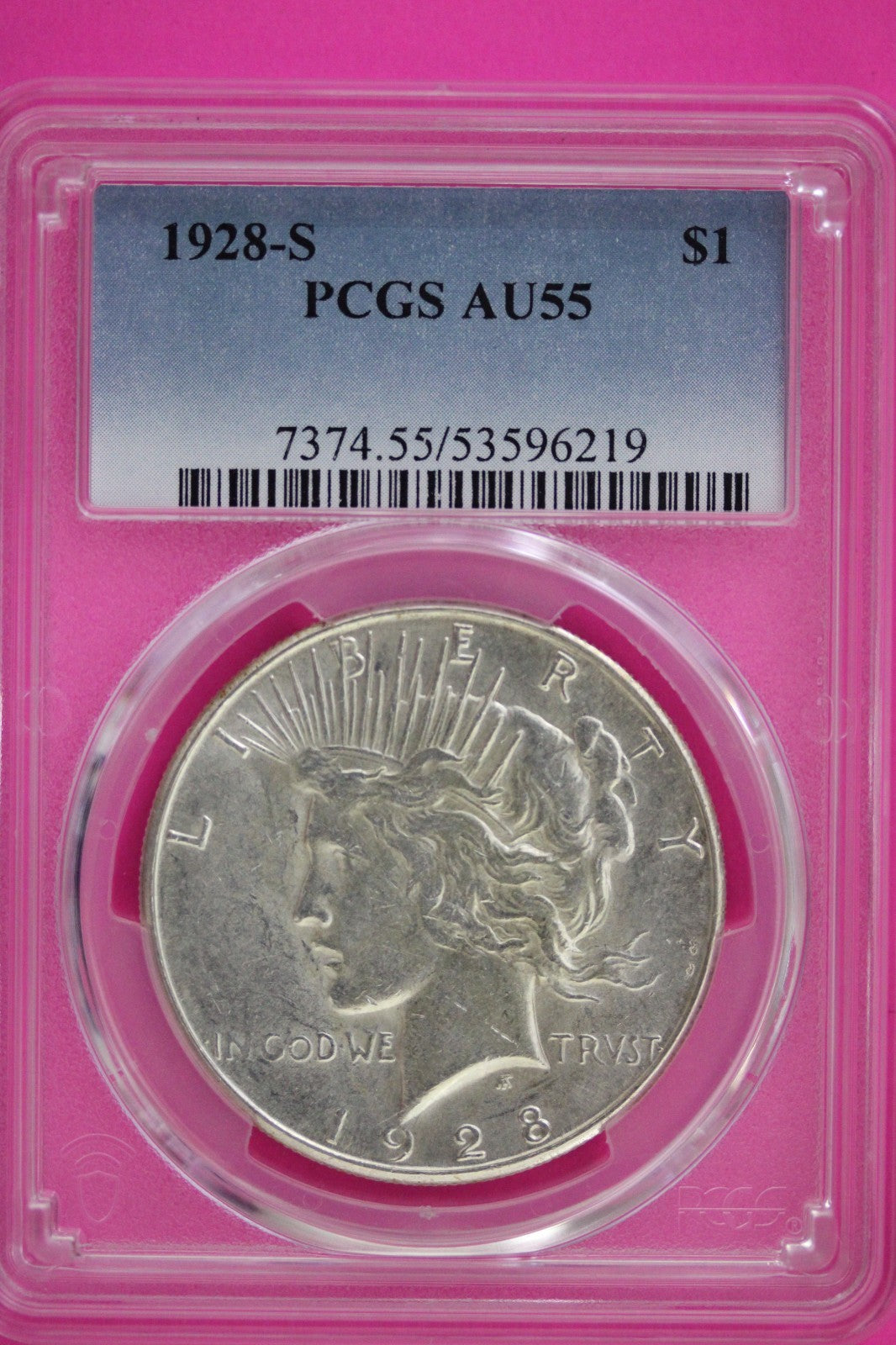 1928 S AU 55 Peace Silver Dollar PCGS Graded Certified Authentic Slab 135