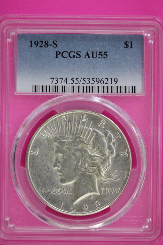 1928 S AU 55 Peace Silver Dollar PCGS Graded Certified Authentic Slab 135