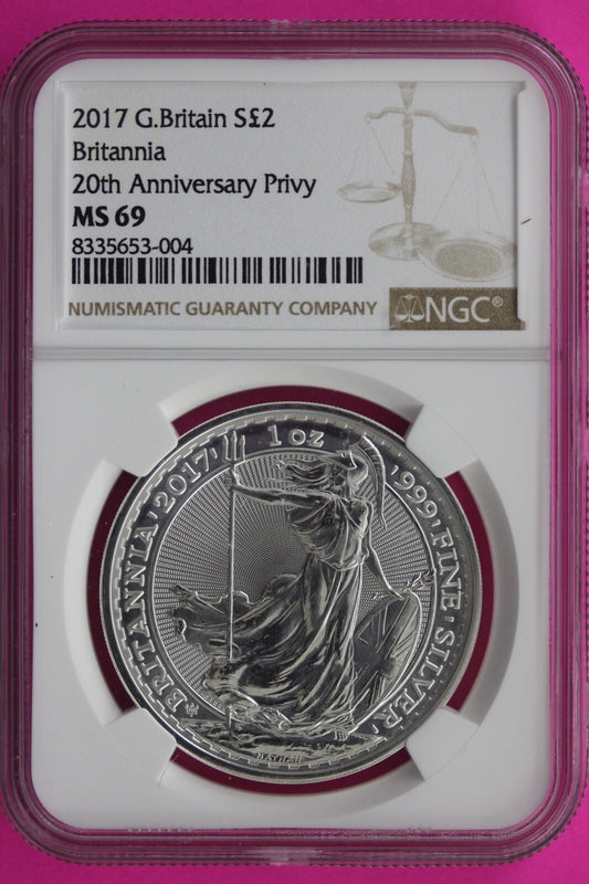2017 MS 69 Great Britain £2 Britannia 20th Anniversary Privy NGC Graded Slab 717