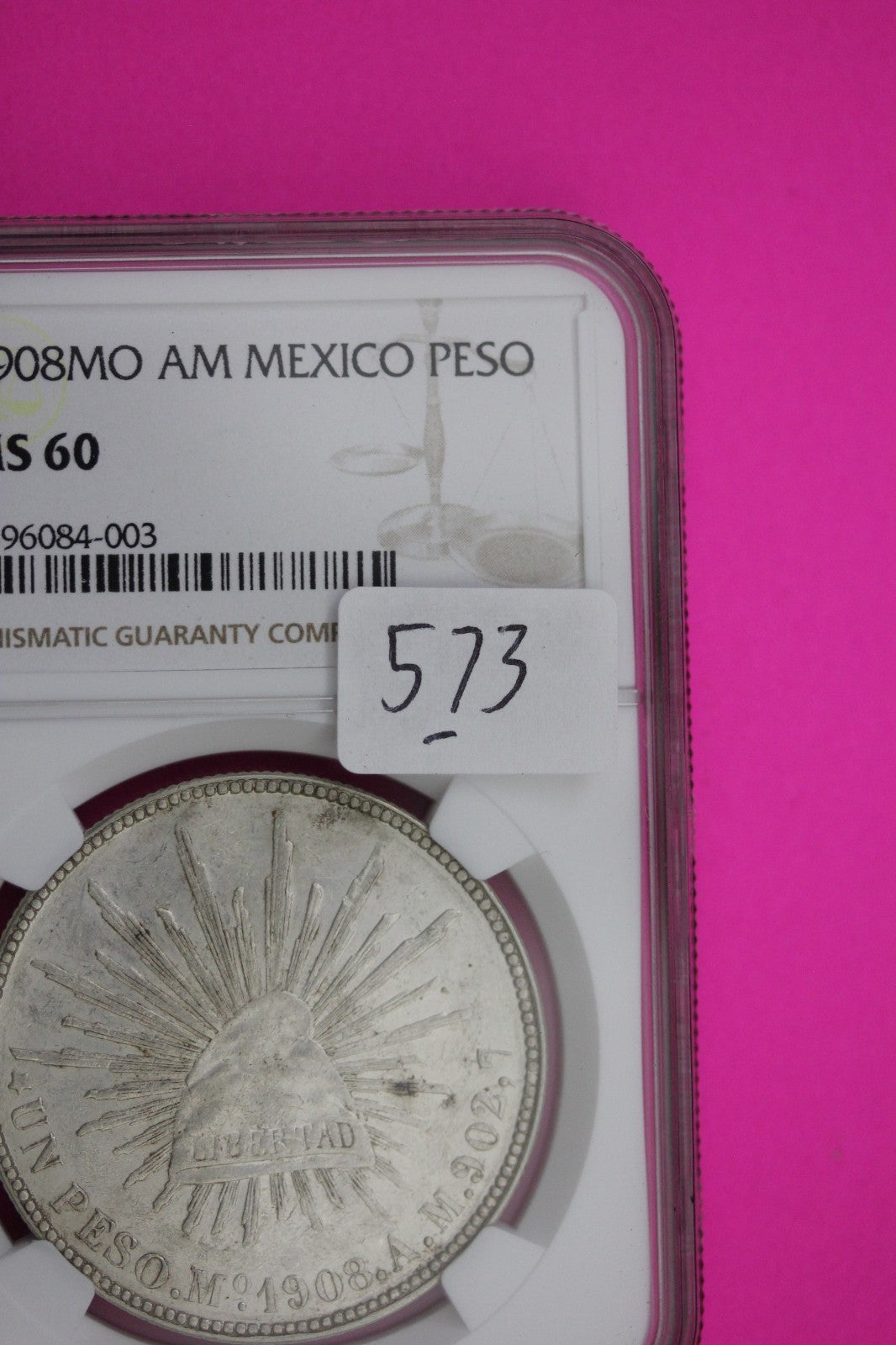 1908 MS 60 AM Mexico 1 Peso Silver Coin NGC Authentic Graded Authentic Slab 573