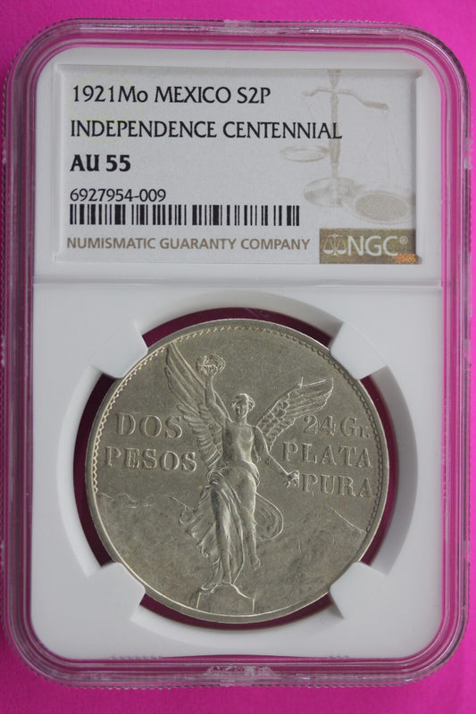 1921 AU 55 Mexico 2 Pesos Silver Coin NGC Certified Graded Authentic Slab 165