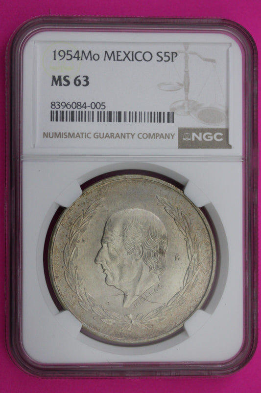 1954 MS 63 Mexico 5 Pesos Silver Coin NGC Authentic Graded Authentic Slab 577