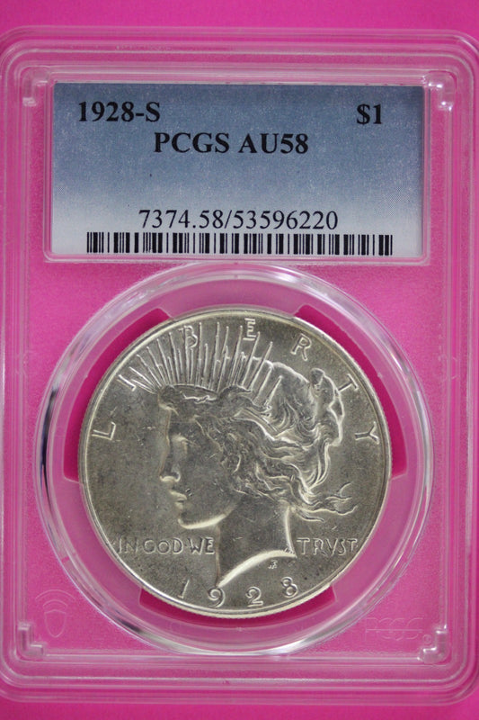1928 S AU 58 Peace Silver Dollar PCGS Graded Certified Authentic Slab 134