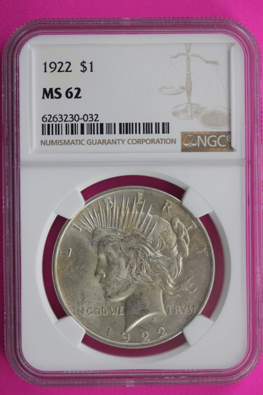 1922 P MS 62 Liberty Peace Silver Dollar NGC Certified Authentic Graded Slab 709
