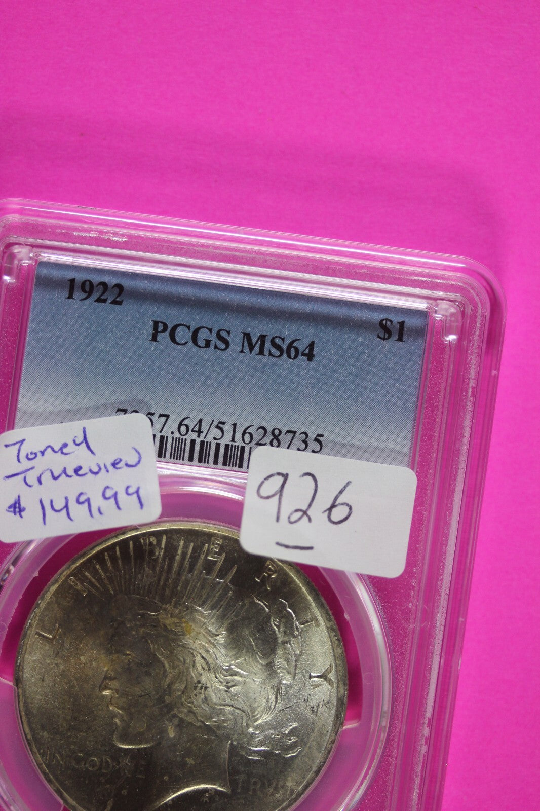 Toned 1922 P MS 64 Peace Silver Dollar PCGS Graded Certified Authentic Slab 926