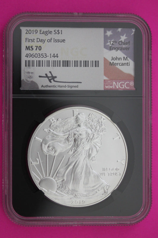 2019 MS 70 Silver Eagle Mercanti Signature 1 OZ .999 1rst Day NGC Certified 246