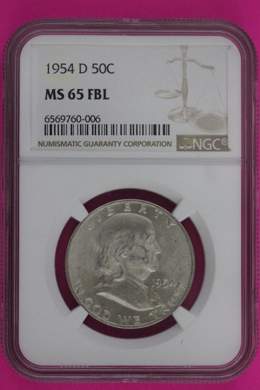 Full Bell Lines 1954 D MS 65 FBL Ben Franklin Half Dollar Silver Coin NGC 777