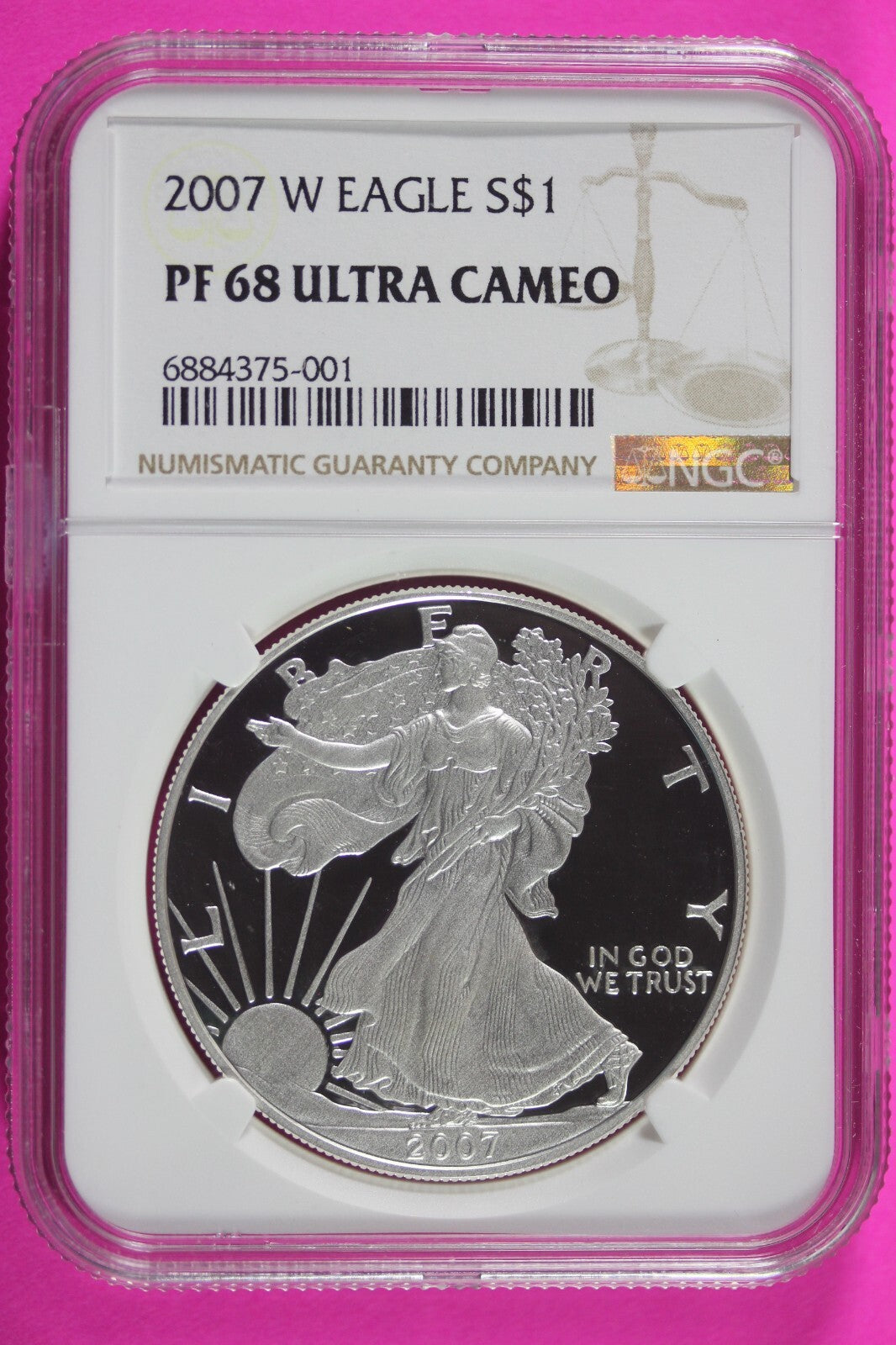 2007 W PF 68 Silver American Eagle Deep Cameo Authentic Proof Coin NGC Slab 1049