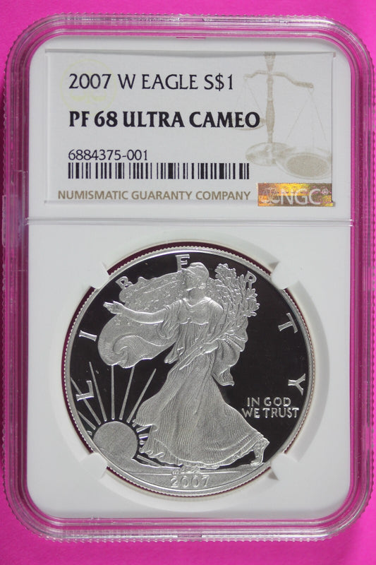 2007 W PF 68 Silver American Eagle Deep Cameo Authentic Proof Coin NGC Slab 1049