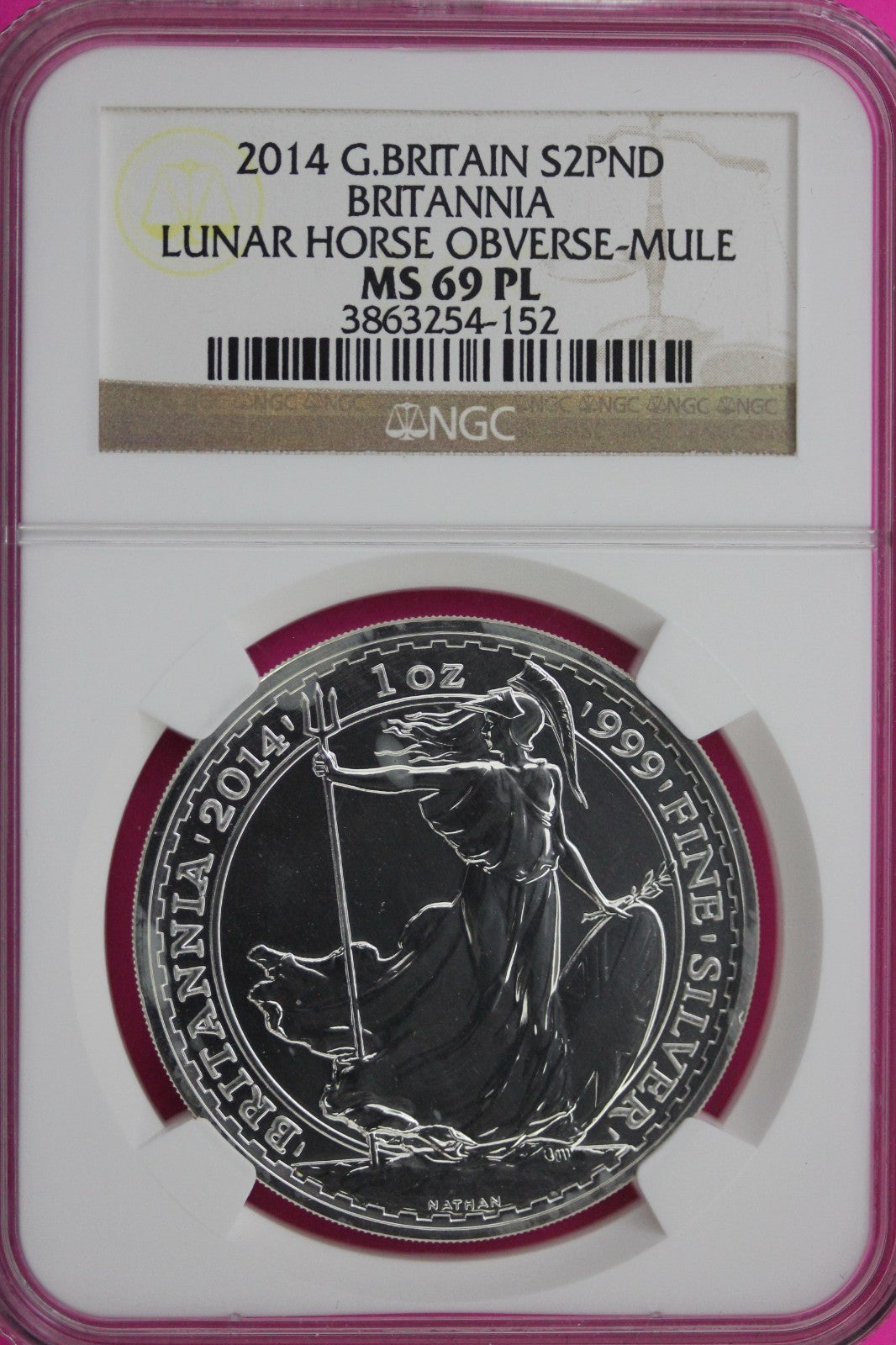 2014 MS 69 PL Great Britain £2 Britannia Lunar Horse NGC Graded Slab 131