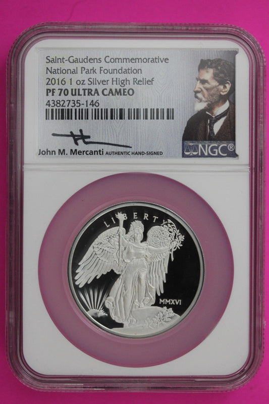 2016 PF 70 Saint-Gaudens Hi Relief Commem 1 OZ Silver Mercanti Sig NGC COA 6071
