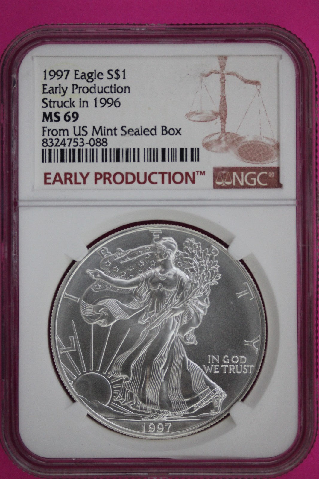 1997 Early Production Struck in 1996 MS 69 Silver Eagle Coin NGC Certified 779