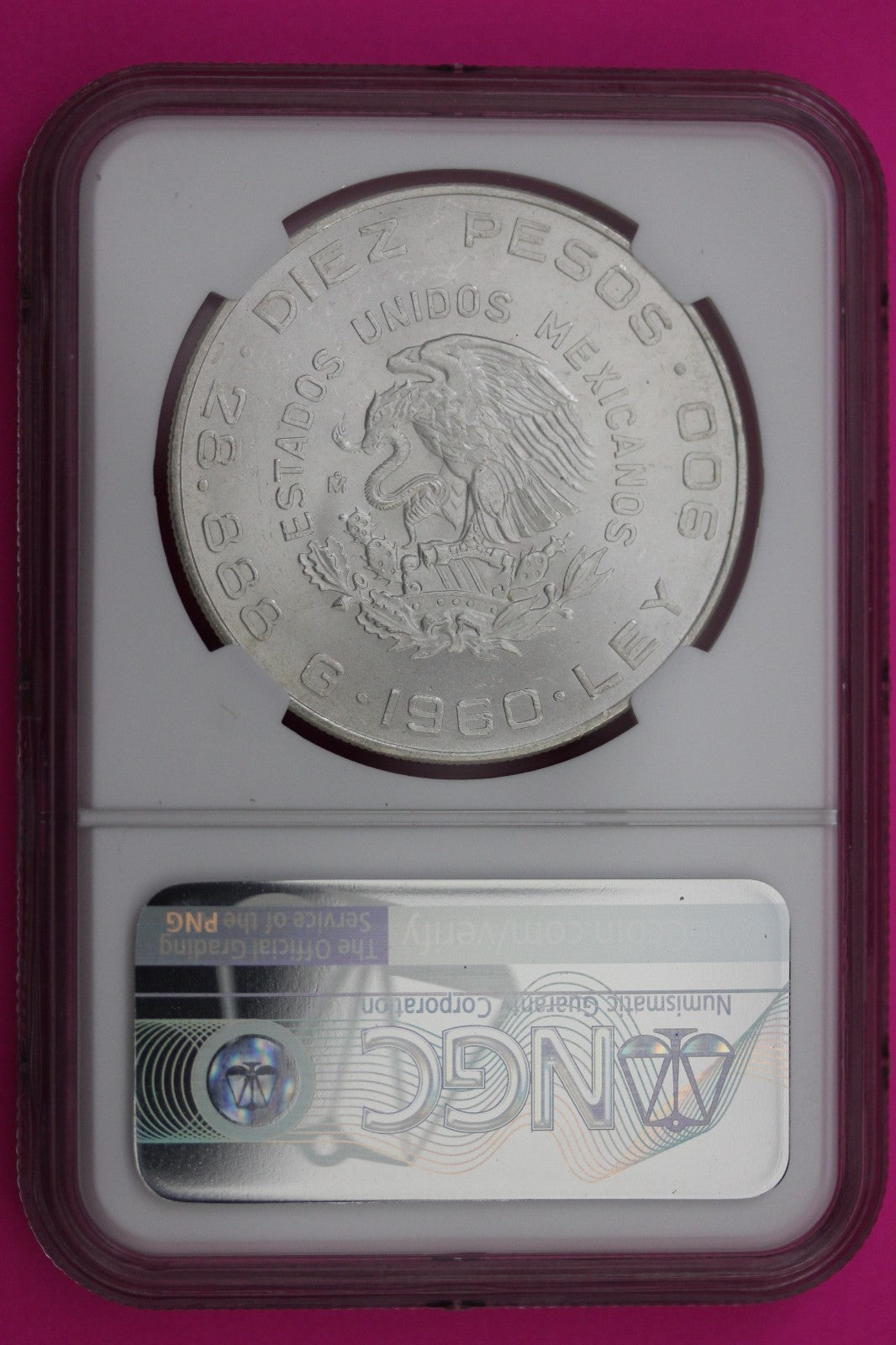 1960 MS 64 Mexico 10 Pesos Silver Coin NGC Authentic Graded Authentic Slab 566