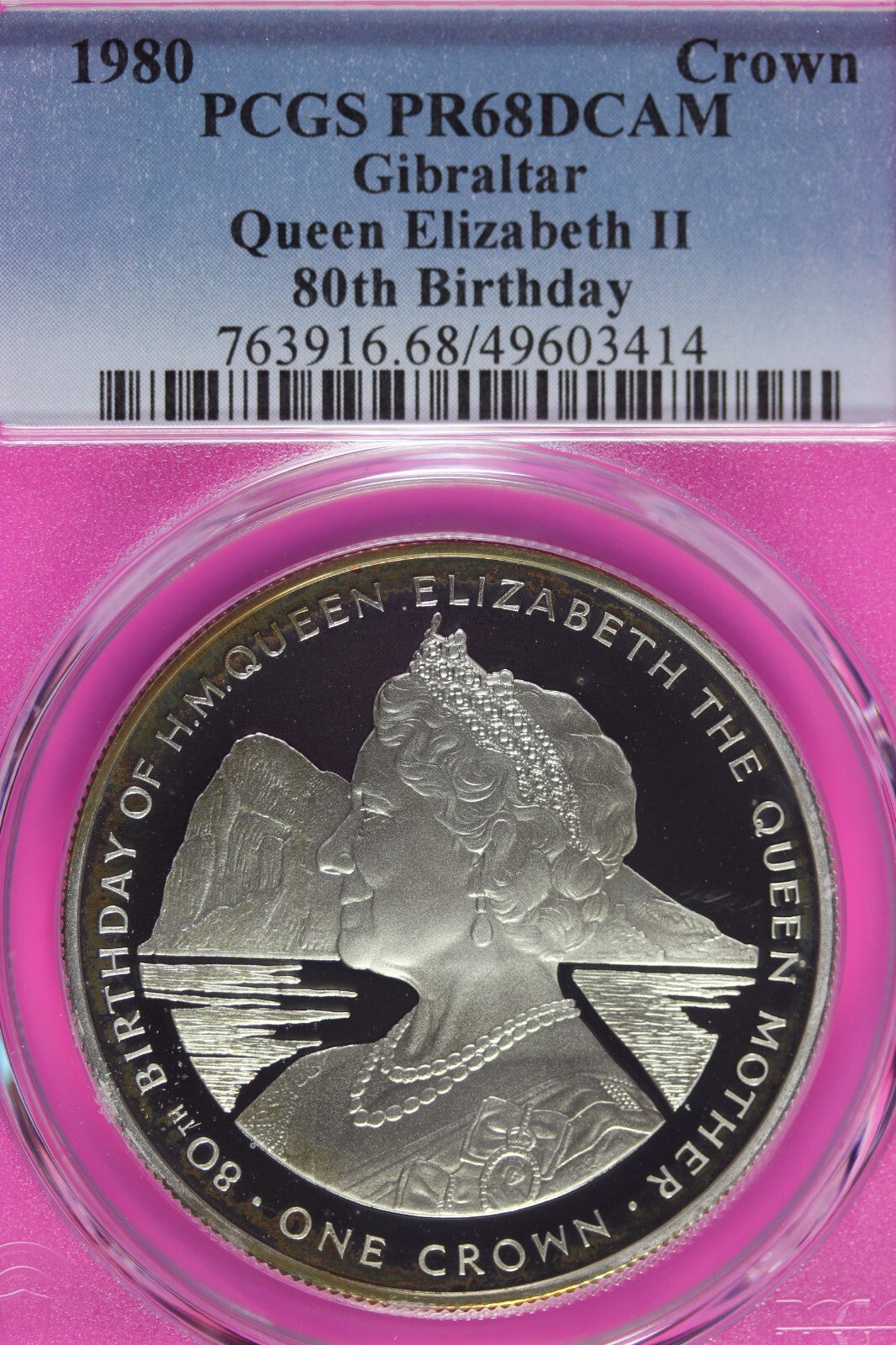 Toned 1980 MPR 68 DCAM Crown Gibraltar  PCGS Queen Elizabeth 80th Birthday 535