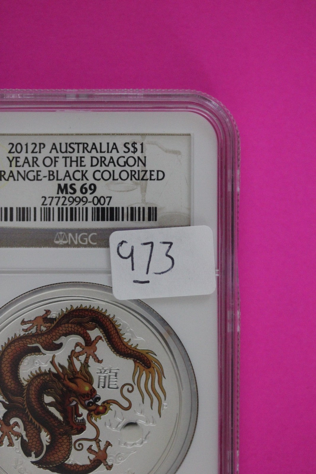 2012 P MS 69 Colorized Australia Year Of The Dragon $1 Silver Coin NGC Slab 973