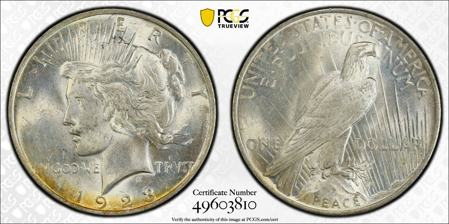 Toned 1923 P MS 62 Peace Silver Dollar PCGS Graded Certified Authentic Slab 48