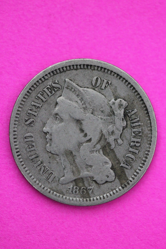 1867 Three 3 Cent Nickel Scarce Semi Key Date Type Coin Philadelphia Mint 193