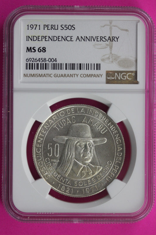 Top Pop None Finer 1971 MS 68 Peru Independence 50S Silver Coin NGC Graded 537