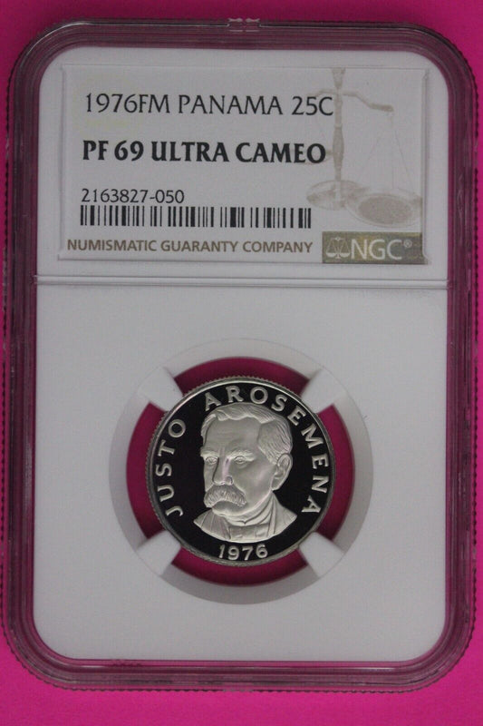 1976 Panama PF 69 Ultra Cameo Proof 25 Centesimos NGC Graded Certified Slab 1029
