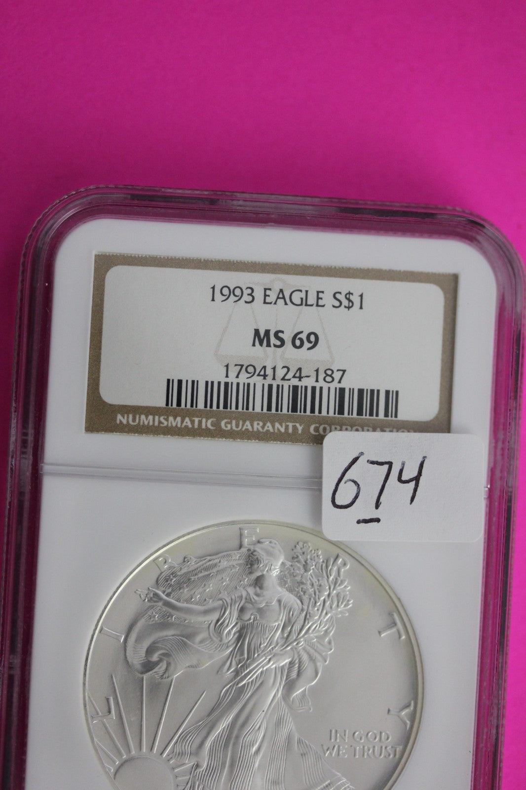 1993 MS 69 Silver Eagle 1 OZ .999 Silver NGC Certified Authentic Graded 674