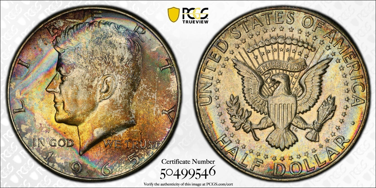 Rainbow Toned 1965 Silver MS 65 John F Kennedy Silver Half Dollar PCGS Slab 130