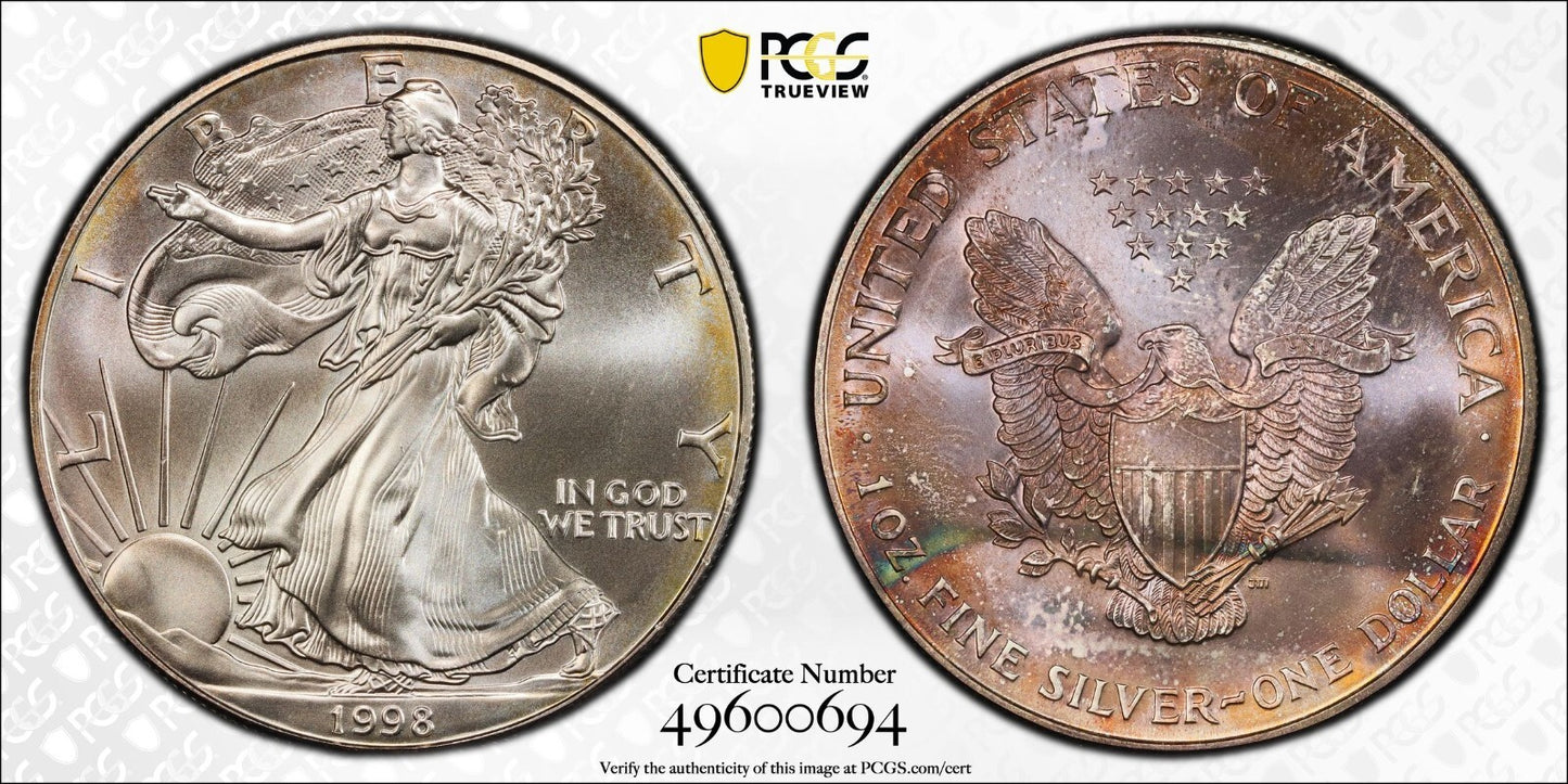 Toned 1998 MS 67 American Silver Eagle PCGS Graded Authentic Certified Slab 179