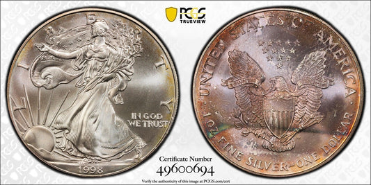 Toned 1998 MS 67 American Silver Eagle PCGS Graded Authentic Certified Slab 179