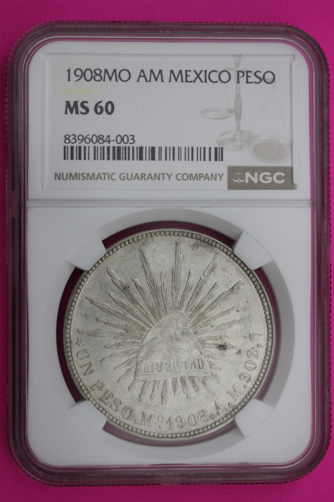 1908 MS 60 AM Mexico 1 Peso Silver Coin NGC Authentic Graded Authentic Slab 573