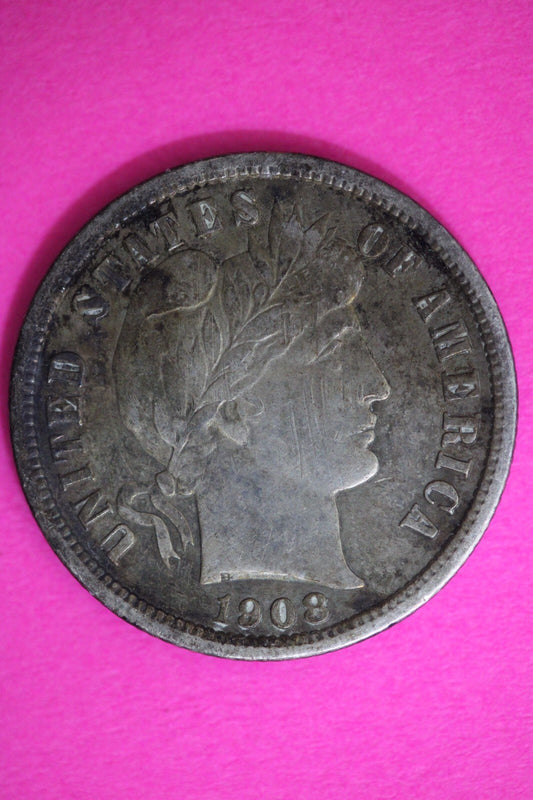 High Grade 1908 P Barber Liberty Dime Scarce Semi Key Date Silver Coin 53