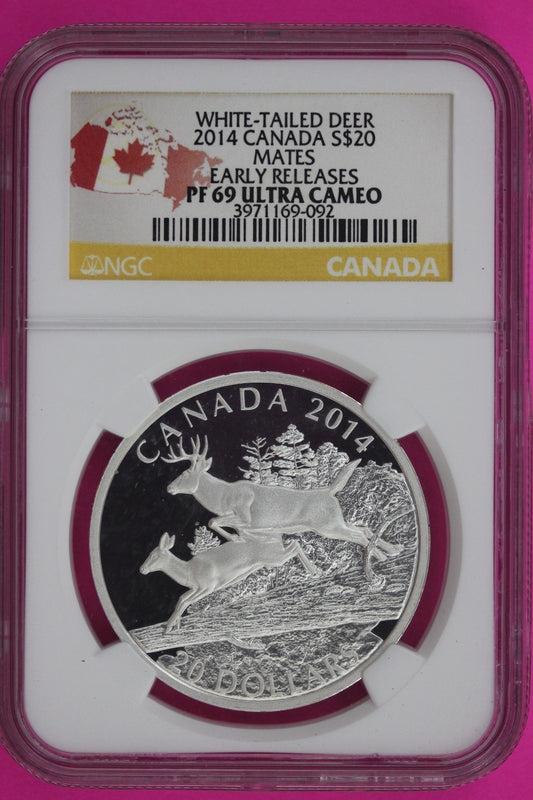 2014 PF 69 White Tailed Deer Mates Canada 1 OZ Silver $20 NGC Certified Slab 846