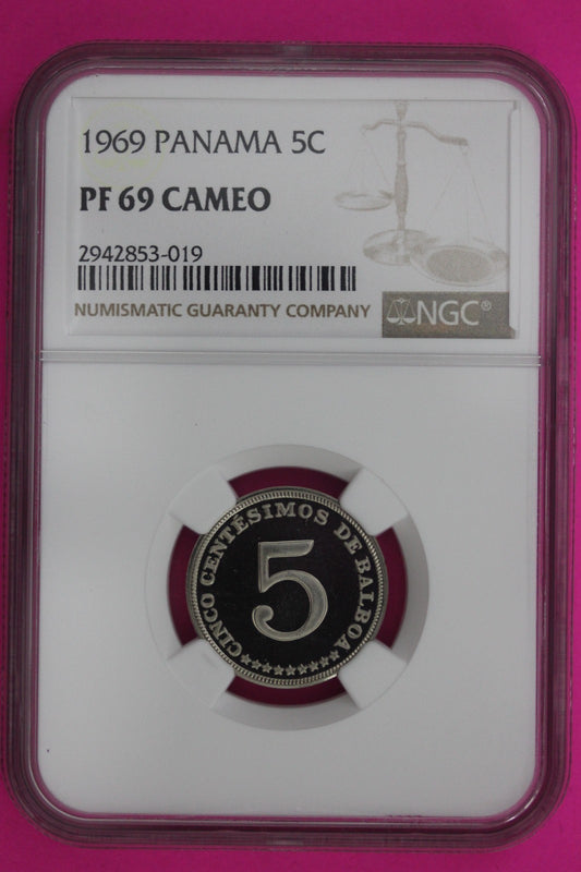 1969 Panama PF 69 Cameo Proof 5 Centesimos NGC Graded Certified Genuine 1295