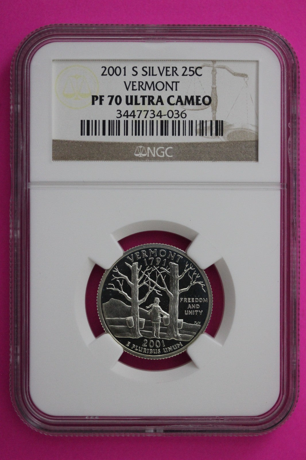 2001 S PF 70 Vermont Silver State Quarter NGC Certified Authentic Slab 433