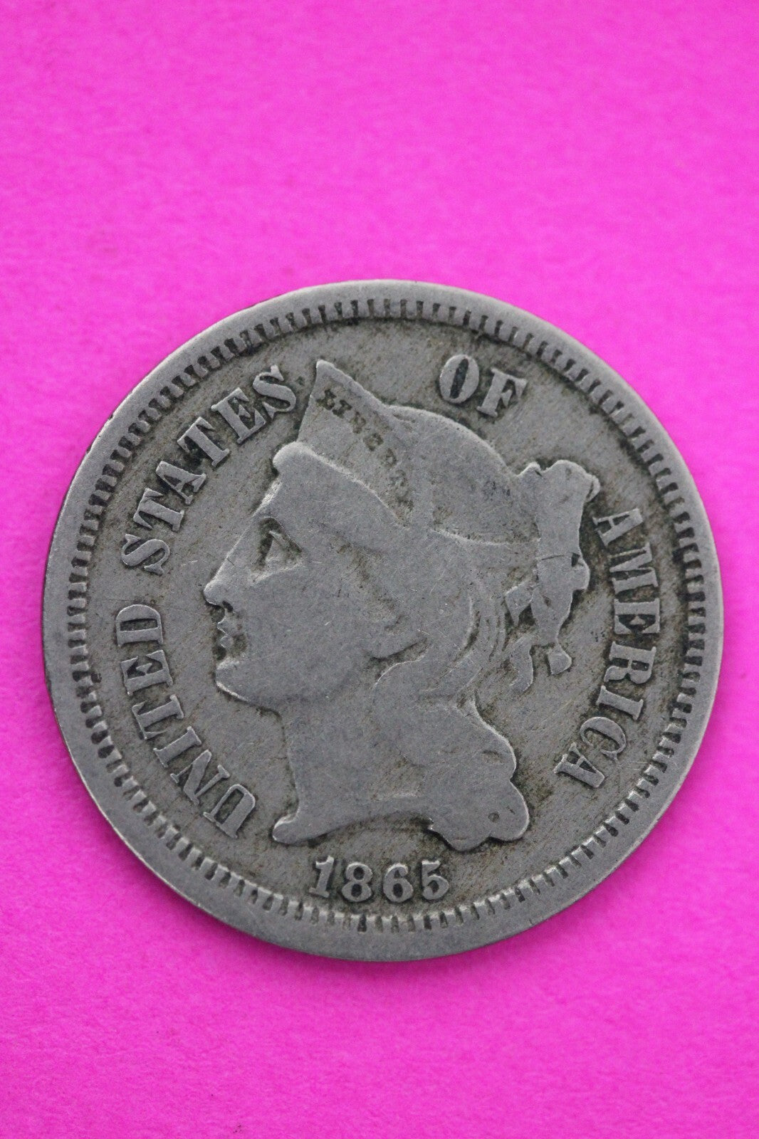 1865 Three 3 Cent Nickel Scarce Semi Key Date Type Coin Philadelphia Mint 194